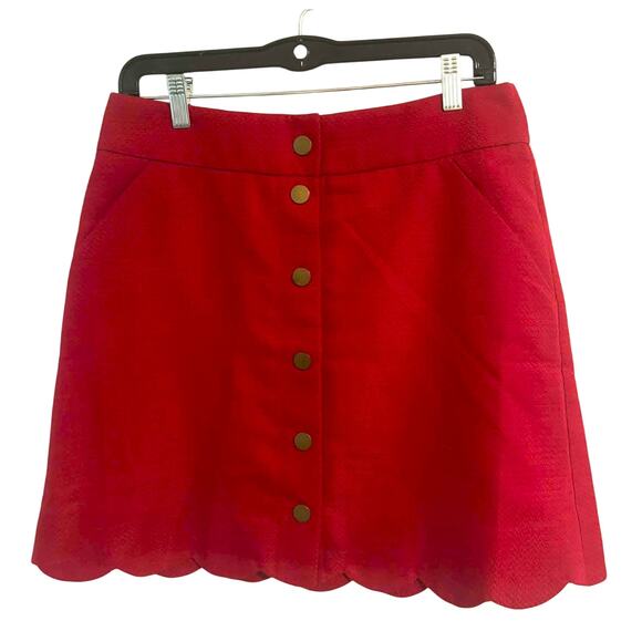 J.Crew Red Scalloped Hem Mini Skirt Size 8 Gold Button Front A-Line Pockets MINT - Picture 3 of 5
